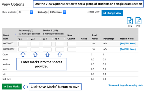 An example of the Exam overview with tags indicating how to add marks